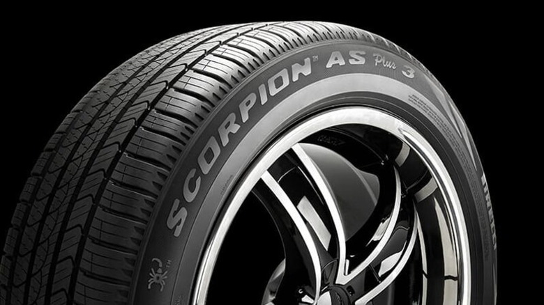 A close-up of a Pirelli Scorpion AS Plus 3.